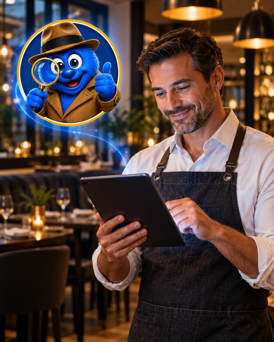 Restaurant manager reviews tablet with Finn