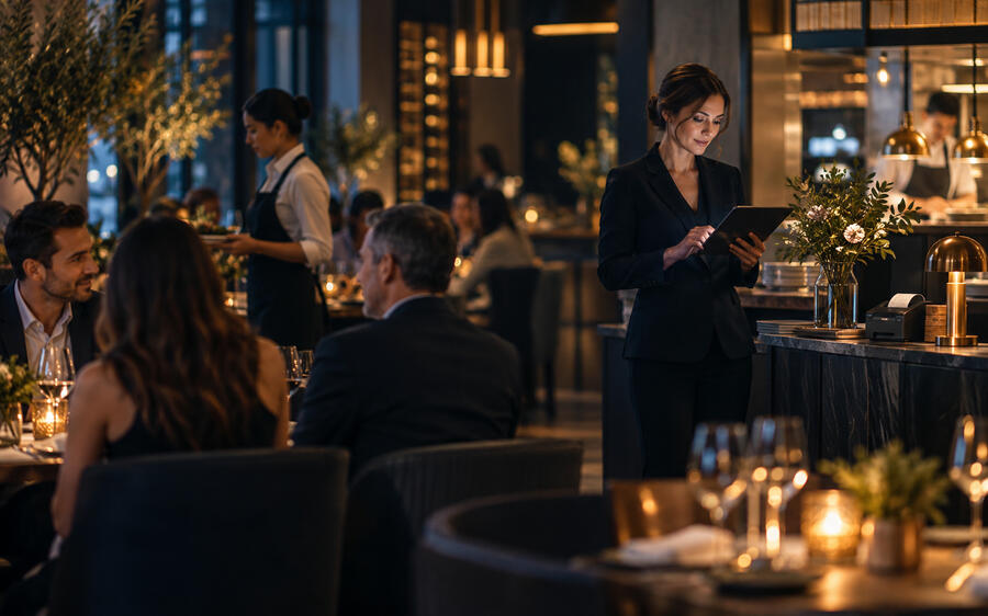 Restaurant manager reviews tablet with Finn