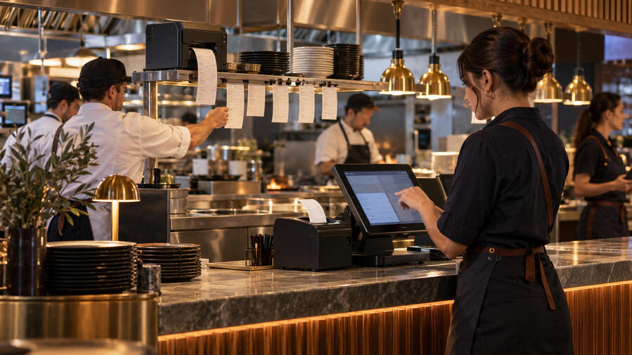 Restaurant manager reviews tablet with Finn